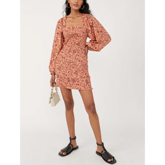 FREE PEOPLE Smock It To Me Mini Dress / Apricot Combo NWT - Picture 9 of 14